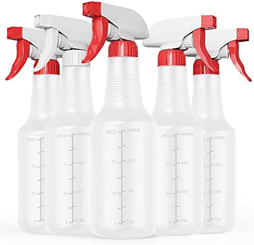 Veco Spray Bottle (5 Pack,24 Oz) with Measurements and Adjustable Nozzle(Mist & Stream Mode), HDPE Plastic Spray Bottles for Cleaning Solution, Household/Commercial/Industrial Use, No Leak and Clog