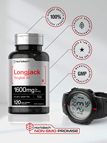 Horbäach Longjack Tongkat Ali for Men and Women | 120 Capsules | Extract Supplement | Maximum Strength Pills | Eurycoma Longifolia | Non-GMO and Gluten Free