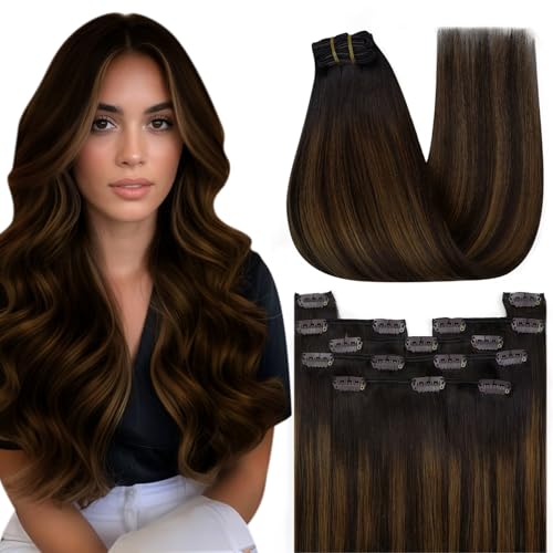 Image of YoungSee Human Hair Clip in Extensions Balayage Human Hair Extensions Clip ins Dark Brown Ombre Medium Brown Clip in Extensions Real Human Hair Soft Remy Hair 7Pcs 16In 120G