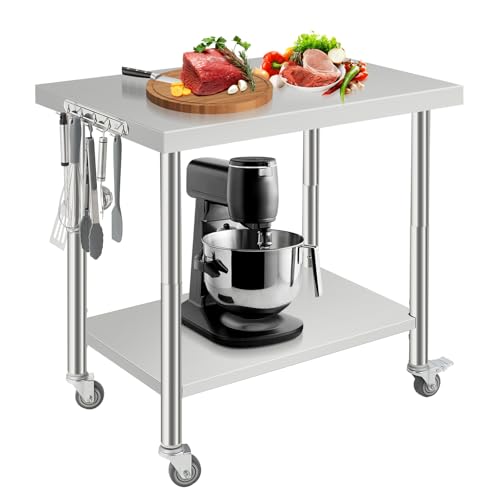 Stainless Steel Table for Prep & Work with Caster Wheels, 36x24 in Heavy Duty Food Prep Worktable With Hooks and Adjustable Shelf for Commercial Kitch
