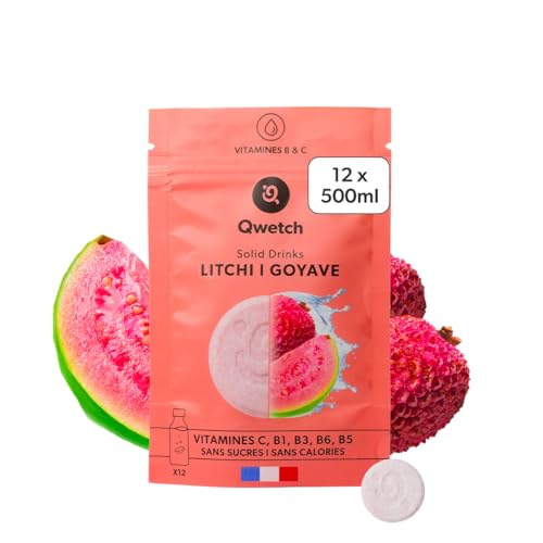 Qwetch SOLID DRINKS – 12 Pastilles d'hydratation avec Vitamines C & B – Boisson Sans Sucres – Saveurs Litchi & Goyave – Vegan, Zéro Calories, Fabriqué en France