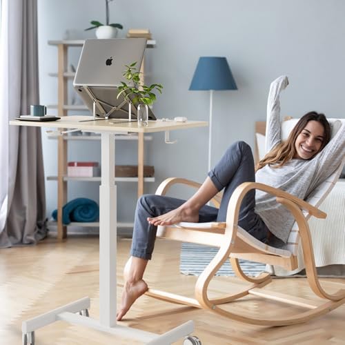 Image of Mobile Desk on Wheels, Pneumatic Height Adjustable, Maple+White | 18.9 x 25.6 in Desktop, 26.1-40.1 in Height, Pneumatic Lift, T-Shaped Single Column Base, Lockable Casters, 22 lb Capacity