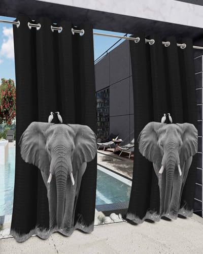 Lsrtoss Elephant Bird Outdoor Curtains for Patio Waterproof, Modern Pastoral Animal Black Grey Outdoor Privacy Panels Grommet Sun Blocking Outside Curtains for Porch, Pool, Balcony, 54W x 108L inch