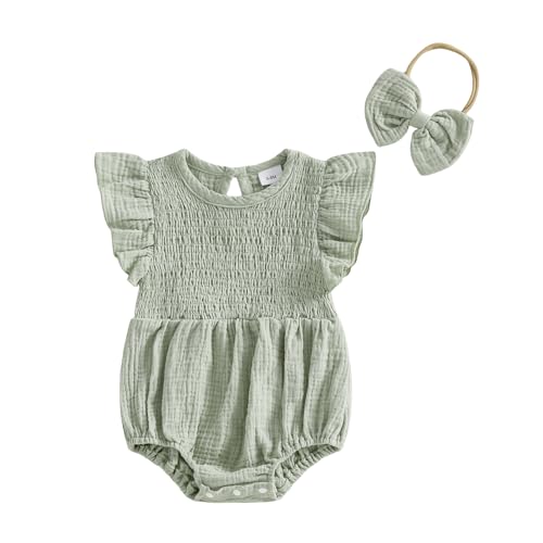 Kavousa Baby Girl Summer Outfit Newborn Girl Bubble Romper Short Sleeve Jumpsuit Cute Infant Spring Clothing (Smocked Green 3-6 Months)