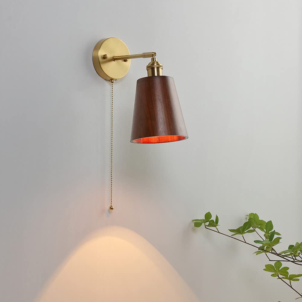 HYJAUSXB Vintage Walnut Wall Sconce with d Metal Mount and Pull Chain Switch - Hardwired Lamp, Indoor Home Decor Lighting Fixtures, E27 Base for Bedroom Headboard