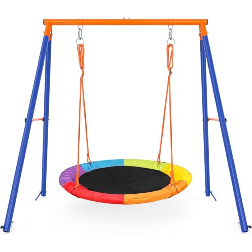 Image of Amictoy Swing Sets for Backyard, Outdoor Toys for Kids, A-Frame Out Playset Holds 440 lbs with 40" Saucer Swing, Adjustable Ropes