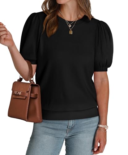 Image of WIHOLL Women's Puff Short Sleeve Sweater 2026 Spring Summer Tops Trendy Business Causal Outfits Work Blouses Clothes