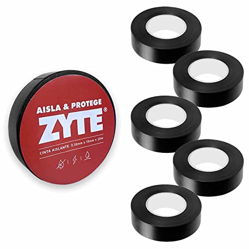 PACK 5 Cinta aislante negra de PVC resistente al calor de 19mm x 20m x 0,18mm - Cinta adhesiva reparadora para aislar y agrupar cables eléctricos, ignífuga e impermeable Cover