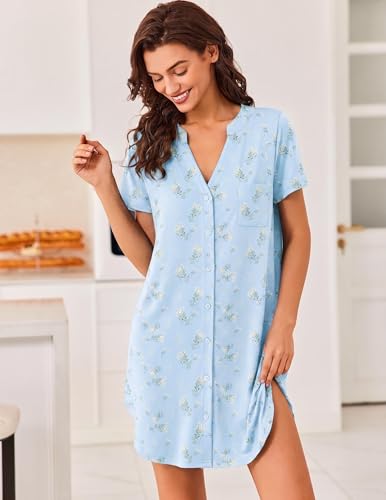 Image of Ekouaer Women V Neck Button Down Nightgown