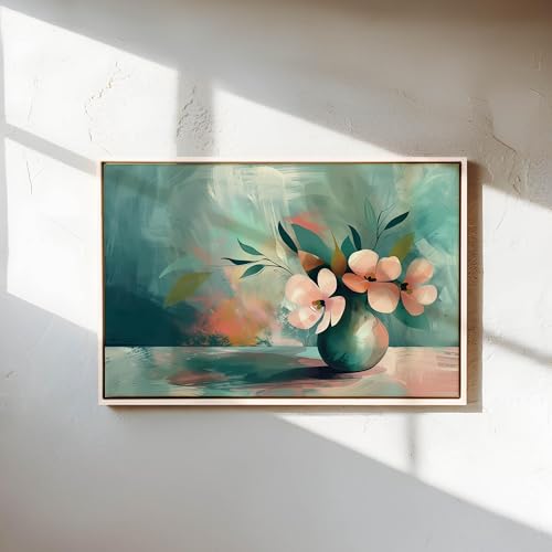 Nature morte vase turquoise | Tableau abstrait minimaliste et toile imprimée déco 70 x 100 cm