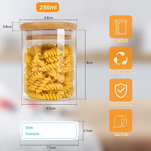9 Set Glass Storage Jars 250ml,Spice Jars with Bamboo Lids and 125 Labels,High Borosilicate Glass Airtight Canister for Kitchen Storage,Food Storage Container for Spices Tea Coffee Beans Sugar Cookies - Image 3