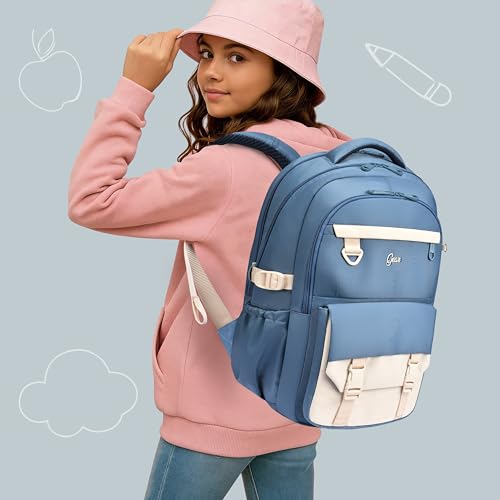 Image of Gear Grace 19 inch /40L Large Water Resistant School Bag | Casual Backpack | Daypack | Travel Backpack | Kids Bag for Boys /Girls (Blue - Cream)
