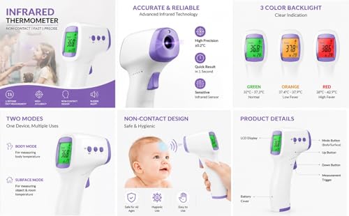 Image of Non-Contact Infrared Forehead Thermometer for Adults & Kids | Fast & Accurate Digital Fever Check | LCD Display | 3-Color Fever Indicator | Memory Function | Free 2xAAA Batteries Included
