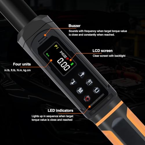 Digital Torque Wrench 1/2 Drive, 3.8-250.8 Ft.lb Range, 1/2 Digital Torque Wrench ±1% Accuracy with Vibration, Buzzer and LED Alert, Suitable for Car, Motorcycle and Bicycle
