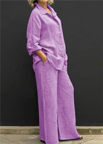 Linen Suits for Women Summer Two Piece Outfits Trouser Long Sleeve V Neck Top 2 Piece Suit Set Casual Trouser Suit3