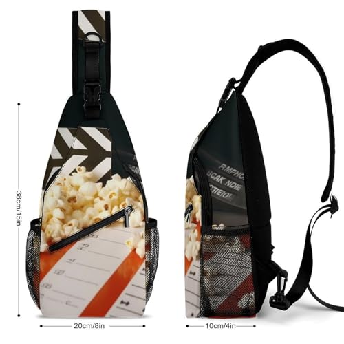 Mochila tipo sling blanca con diseño de claqueta y palomitas miniatura 2