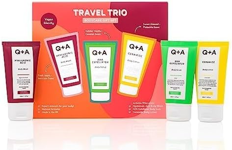 Q+A Travel Trio Body Care Giftset, containing a Hyaluronic Acid Body Wash, AHA Exfoliator Body Scrub, and a Ceramide Body Lotion, each item 50ml Q+A Travel Trio Body Care Giftset, containing a Hyaluronic Acid Body Wash, AHA Exfoliator Body Scrub, and a Ceramide Body Lotion, each item 50ml