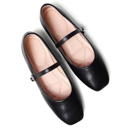 Stunner Ballet Flats for Women Women's Mary Jane Shoes Square Toe Casual Flats Comfortable Ankle Strap Flat Shoes Black 37(6) 2