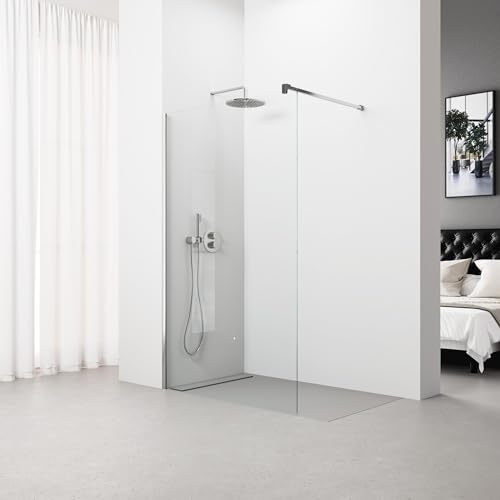 Mampara de Ducha Fija SERIE 100-A - Medidas 110x195 cm - Vidrio Templado, Antical, Transparente y Reversible de 1 Hoja de 6 mm - Con Barra Estabilizadora - Perfil Cromo - REALSHOWER