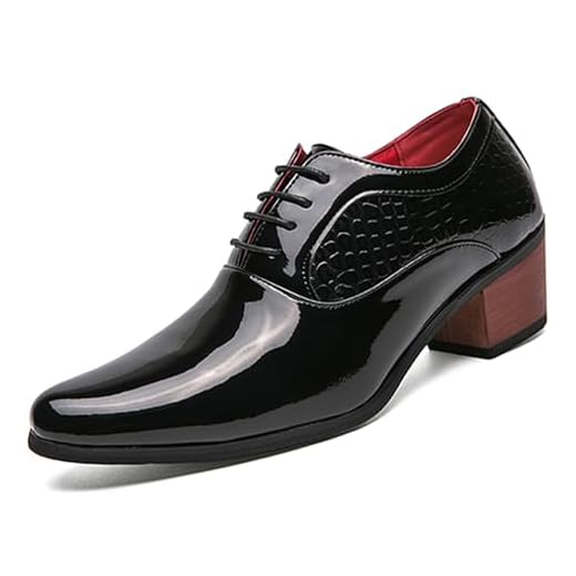 Sapato masculino Derby Oxfords de couro, clássico, com cadarço, cano baixo, bico fino, bloco em relevo, salto alto, negócios, vestido de casamento, Couro envernizado preto, 37