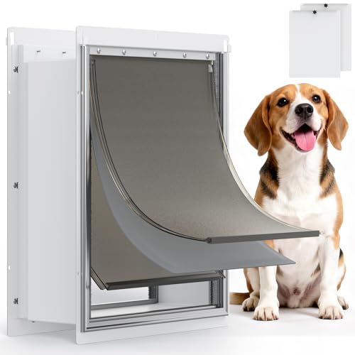 Powools Pet Dog Door for Wall - Robust Steel Pet Door with Magnetic Triple Flaps 12.6 x 10 Flap Opening Adjustable Tunnel for 3.4-6 Thick PVC Wood Drywall for Pets Up to 45lb White