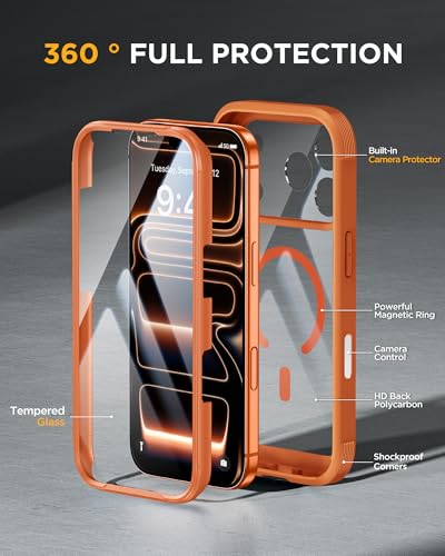 Image of Miracase Magnetic for iPhone 17 Pro Case 6.3 inch [Compatible with MagSafe] Full-Body Phone Case with Built-in Glass Screen Protector & Camera Control,Drop Proof iPhone 17 Pro Cover, Orange