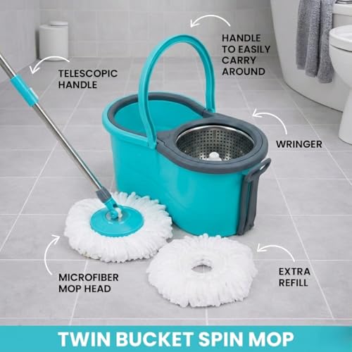 Image of Twin Bucket Spin Mop with Wheels and Puller Handle | 360 Adjustable Steel Handle | 2 High Absorbency Microfiber Refills | Pocha for Floor Cleaning - Home, Kitchen, Bathroom & Office