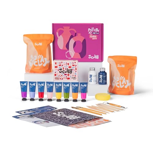 Image of Sculpd Original Pottery Kit Complete Air Dry Clay Set for Adults Includes Modelling Tools, Varnish, Brushes, Instructions & Arts & Crafts Kit, Floral Gloss Varnish