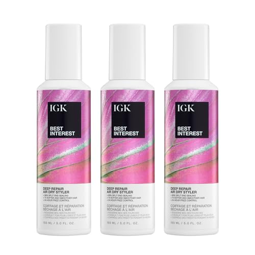 IGK Best Interest Bond Building Air Dry Styling Cream 3 pack – Leave-In Treatment for Split Ends, Breakage, Frizz Control, and Shine – Vegan & Cruelty-Free