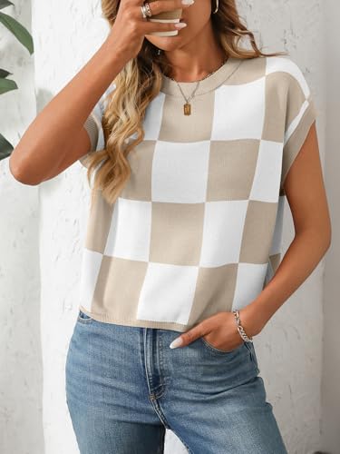 Checkered Tops for Women Cap Short Sleeve Pullover Sweater Color Block Knitted Plaid Shirt2