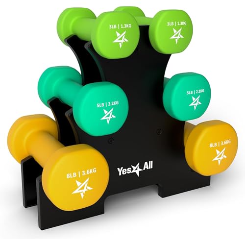 Image of Yes4All Neoprene Coated Dumbbell Hand Weight Sets of 2 - Multiple Weight Options with 15 Colors, Anti-roll, Anti-Slip, Hexagon Shape