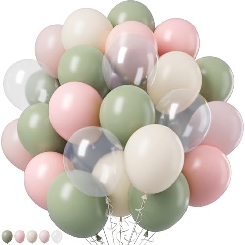 Image of Retro Pink and Sage Green Balloons, Olive Green Pale Pastel Pink Cream White Clear Transparent Balloon for Fairy Tea Party, Floral Balloons as Baby Shower Wedding Nutcracker Birthday Party Decoration