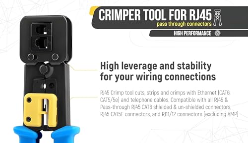 Image of XIKKART Crimping Tool | RJ45 Wire Cutter | Pass Through Cat5 Cat5e Cat6 Professional Heavy Duty Tool Kit, with Cable Stripper, 10pcs Pass Through Connectors, and 10pcs Rj45 Covers (Blue)
