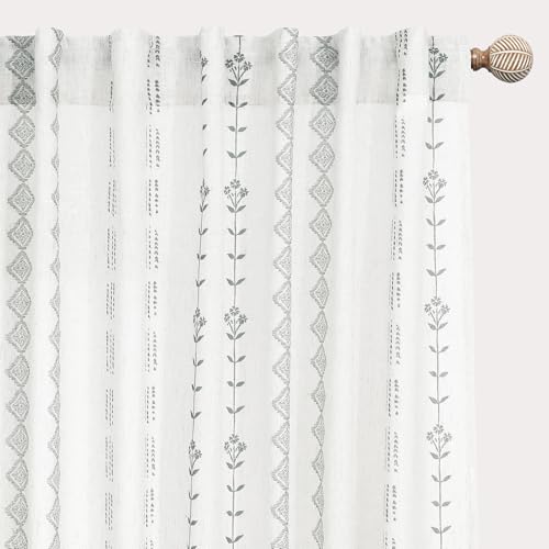 Grey Boho Curtains for Bedroom Living Room,Light Gray and White Sheer Linen Striped Curtains 84 Inches Long 2 Panels Set