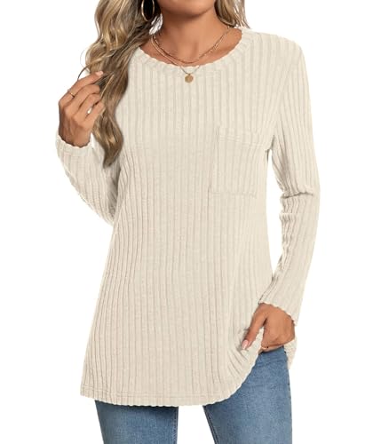 Image of Bestbee Ladies Fall Long Sleeve Jumpers Crew Neck Tunic Dressy Sweater Shirts for Leggings Women's Casual Blouses, Plus Size, 3XL, Beige