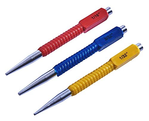 Amtech Colour Coded Nail Punch Set (3pc) Heat Treated Carbon Steel Non-Slip Grips for Flush Setting in Wood 1/32in 1/16in 3/32in