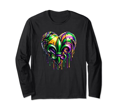 Heart Mardi Gras Fleur De Lis Paint Uomo Donna Outfit Maglia a Manica