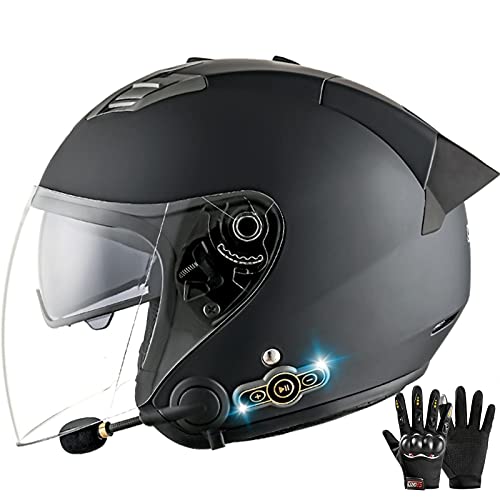 Bluetooth Casque Moto Jet Homme ECE Homologué Vintage Demi-Jet Casque de Moto Femme avec Double Visière Casque Scooter Ouvert pour Motard Tournée Biker (Color : D, Size : (XL/61-62CM)) Cover