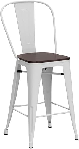 Miniatura 5 de Yongqiang Juego de 4 taburetes de bar de metal blanco de 26 pulgadas con respaldo alto, sillas de bar de cocina, taburetes de bar modernos con
