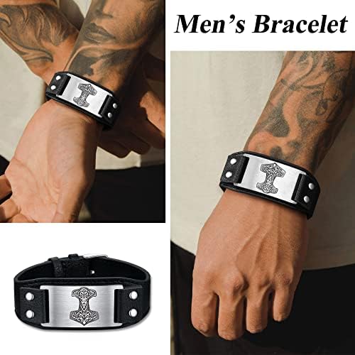 Bestyle Vintage Black Leather Bracelets for Men Women, Nordic Viking Totem Thor's Hammer/Celtic Knot/Wolf/Compass/Tree of Life Charm Bracelets -Gift Packed