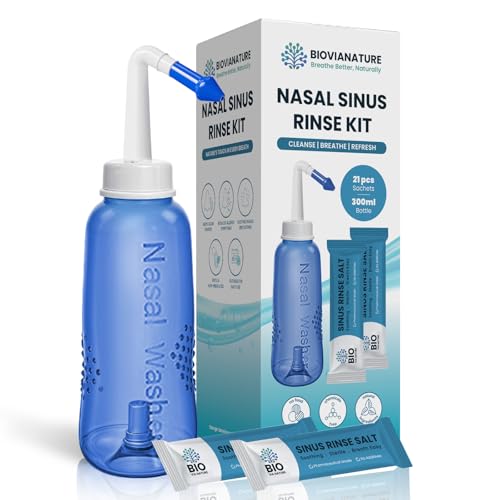 Nasal Rinse Kit 300ml Bottle + 21 Saline Packets Neti Pot for Sinus Relief & Nasal Hygiene PH Balanced Drug-Free Preservative-Free Suitable for Adults & Children 3+