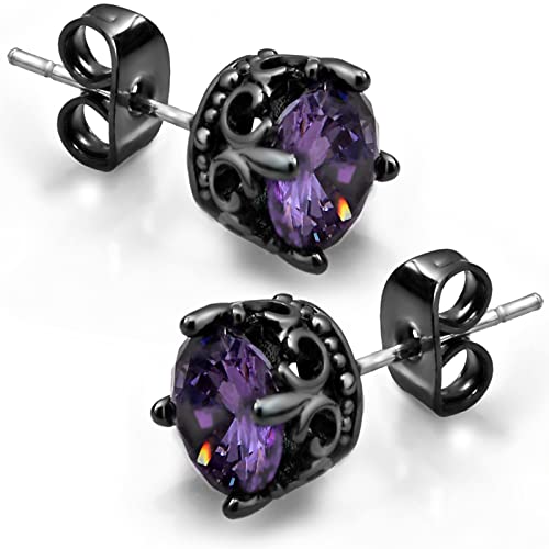 Purple and Black Earrings for Women Men, Retro Cubic Zirconia Stud Earrings Stainless Steel Cool Gothic Jewelry