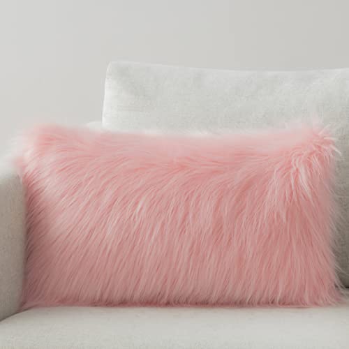 Phantoscope Faux Fur Solid Decorative Pillow Cover Fluffy Throw Pillow Mongolian Luxury Fuzzy Pillow Case Cushion Cover for Bedroom and Couch,Pink 12 x 20 Inches