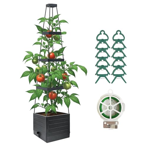 JQTOP Tomatentopf mit Rankgitter und Wasserspeicher, Selbstbewässernder Pflanzkübel für Tomaten, Rankhilfe für Kletterpflanzen, Tomatenset