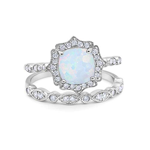 Blue Apple Co. Two Piece Art Deco Wedding Engagement Ring Band Cushion Cubic Zirconia 925 Sterling Silver