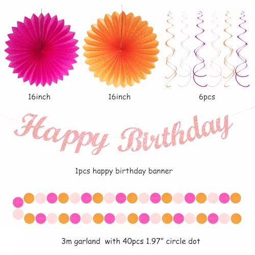 Image of Hot-Pink Orange Fall Birthday Party-Decorations - 21pcs Autumn Women Peach Happy Banner,Girls Groovy Paper Streamers Lanterns Honeycomb,Tissue Flowers Pom Poms Fan, Boho Garland Room Decor