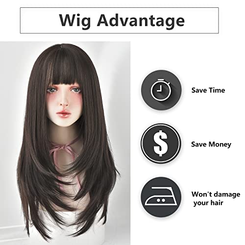 7Jhh Wigs Hair Dye Wig For Women Synthetic Hair Natural Long Straight Wig With Bangs (22Inch, Black Tea) #TOP5