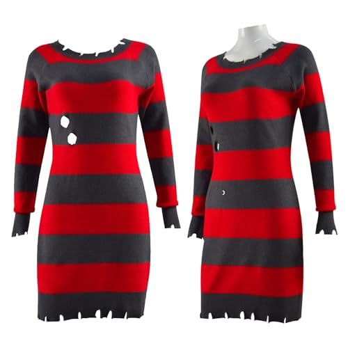 Krüger Kostüm Damen,3 Set Nightmare Rot Grün Gestreifter Pullover Halloween Horror Kostüm mit Handschuh (L)