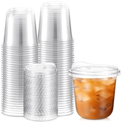 Baderke 50 Pcs Round Bottom Plastic Cups with Sip Lids Clear Disposable Iced Coffee Cups for Smoothie Cold Beverage Coffee Shops and Party Catering(10 oz Clear)