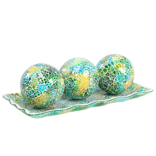 Afirst Decorative Ball and Glass Bowl - 4 Inch Mosaic Sphere Centerpiece Table Decorations with Tray for Coffee Table Decor, Living Room,Dining Table,Party,Wedding Decor